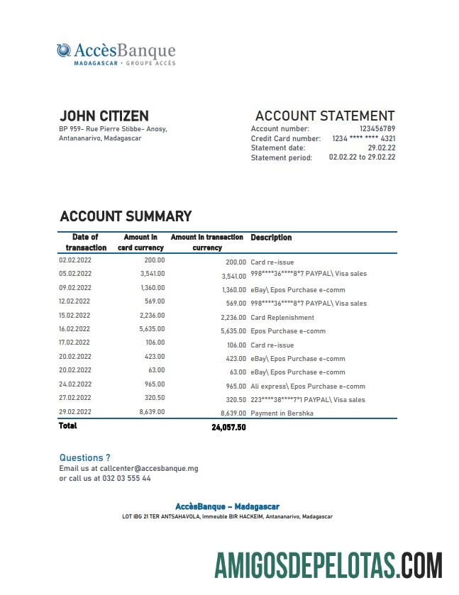 Madagascar Acces Banque Bank Statement Xls modelo